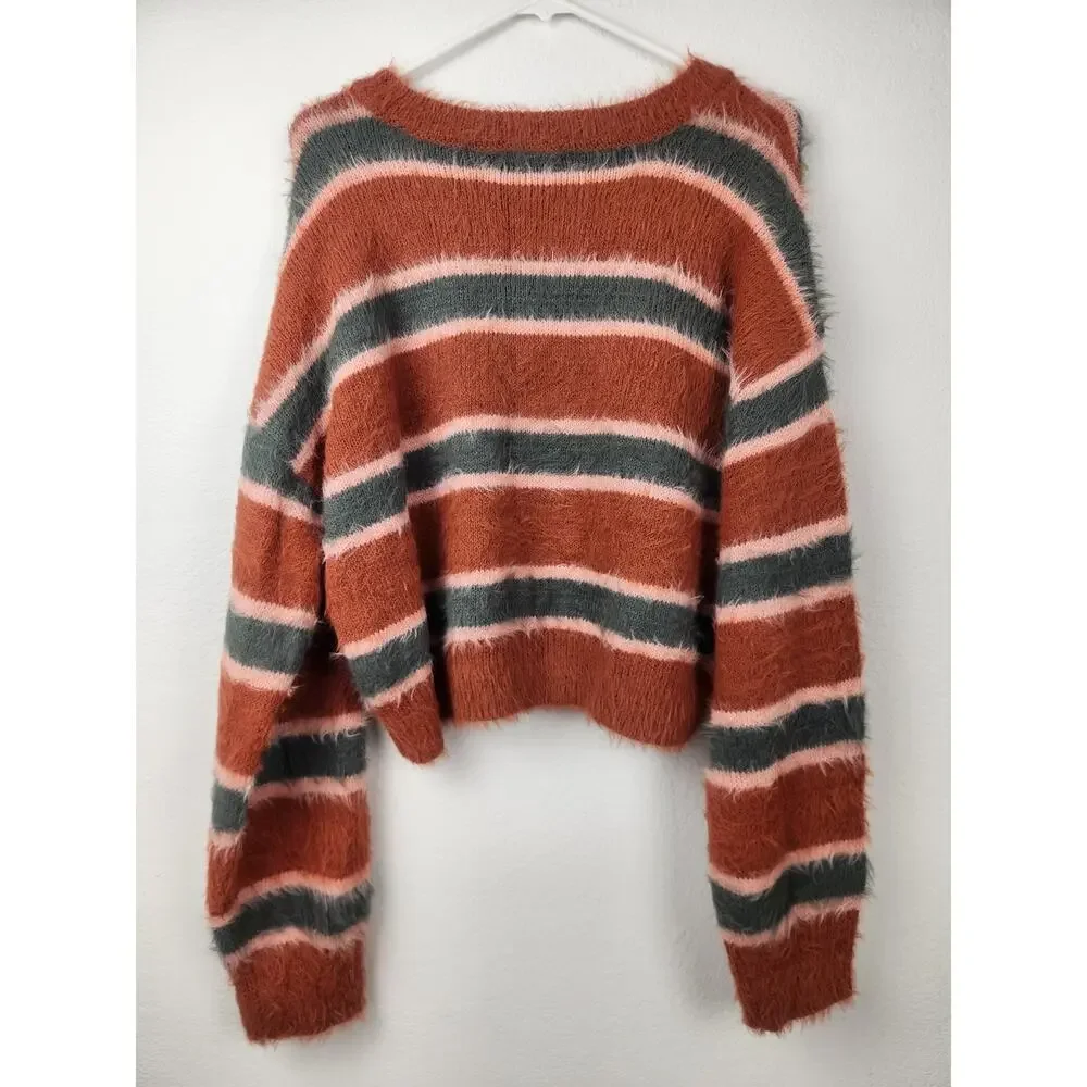 Full Tilt Cropped Striped Sweater Size XL Long Sleeve Orange Green